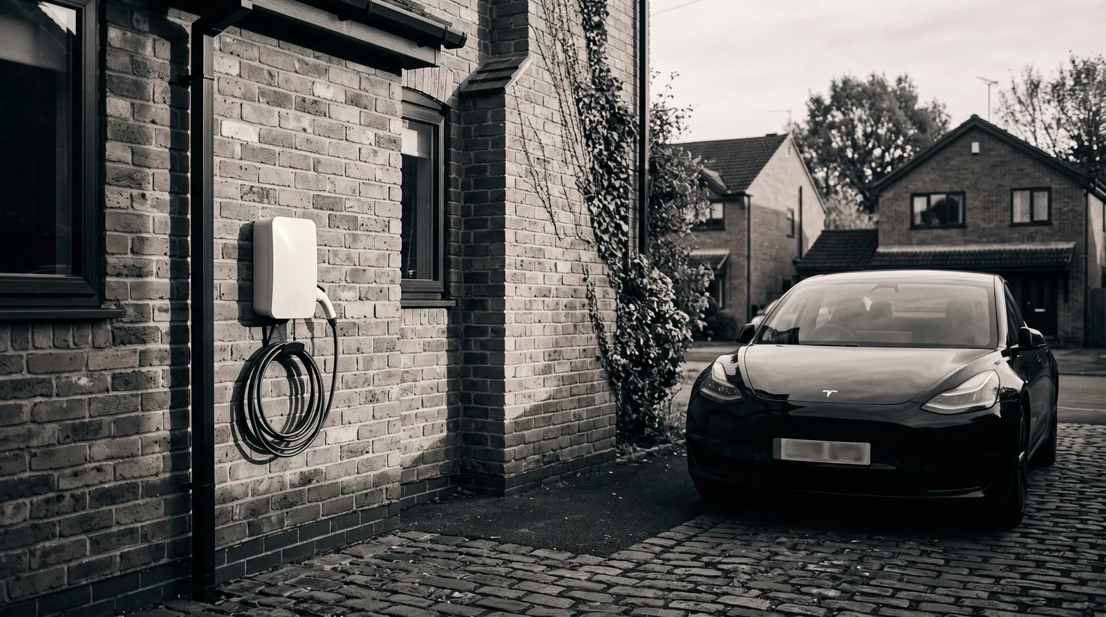 Wall-mounted EV chargepoint fitted to the outside of a brick house